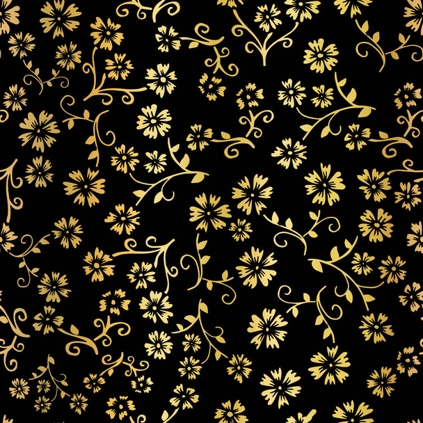 Gold foil flower vector seamless pattern background. Elegant golden florals on black backdrop. Elegant design for digital web paper, gift wrap, party, birthday card, wedding, celebration, invitation - Вектор, зображення
