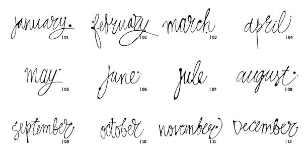 12 月、1 月、2 月、3 月、数ヶ月の手書き名前 4、5、6 月、7 月、8 月 9 月 10 月 11 月書道カレンダーと主催者の言葉。ベクトル イラスト. - ベクター画像