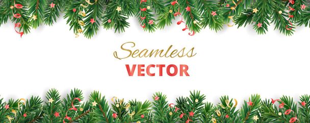 Seamless vector decoration isolated on white. Christmas tree frame, garland with ornaments - Vector, Image