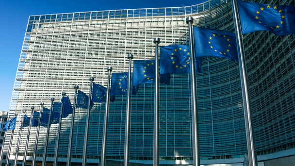 Σημαίες της ΕΕ μπροστά στην Ευρωπαϊκή Επιτροπή - Πλάνα, βίντεο