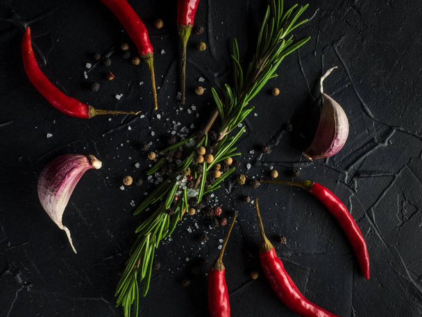 Red hot chilli pepper, garlic and rosemary with sea salt and colored pepper on black background - Фото, зображення