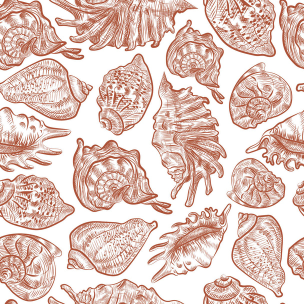 Seashells on white background seamless pattern. Hand drawn shells vector sketch. - ベクター画像