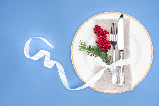 view from above of plate with fork, knife, evergreen branch and red berries on plate isolated on green  - Photo, Image