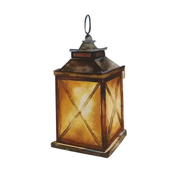 Handdrawn watercolor illustration isolated on white background. Beautiful brown square glowing Christmas lantern. - Photo, image