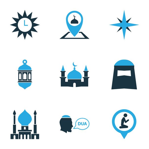 Ramadán iconos de color conjunto con mendigar, ubicación, qiblah y otros dioses elementos de la casa. Iconografía aislada iconos de ramadán
. - Foto, Imagen