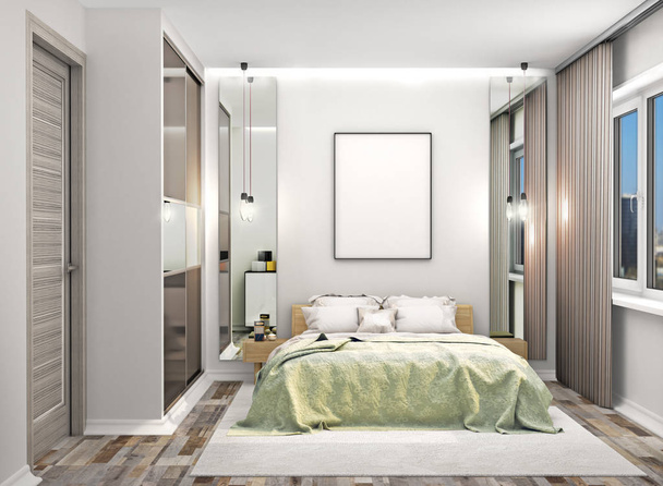 gemütliches Schlafzimmer mit einem Kleiderschrank mit verspiegelten Türen neben dem Bett. leere Leinwand hing an der Wand über dem Bett. 3D-Illustration - Foto, Bild