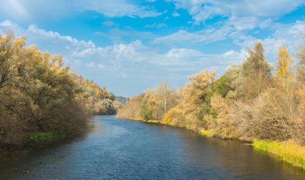 Sumskaya 州、ウクライナのプシーオル川川の静かな秋の風景 - 写真・画像