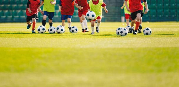 Children play soccer at grass sports field. Football training for kids.  Children running and kicking soccer balls at soccer pitch. Soccer background with copy space on the bottom - Photo, Image