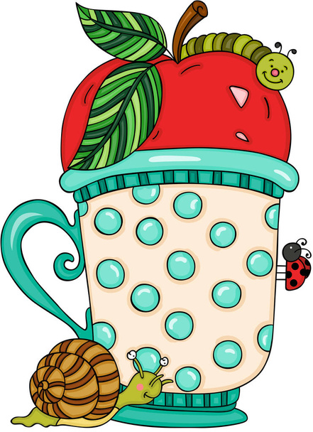 Apple and worm inside tea cup - Vector, Image
