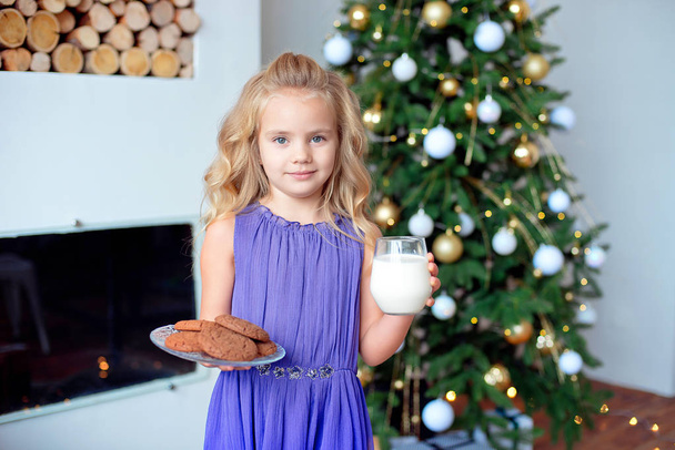A little girl with blond hair prepared treats for Sanda. Christmas background, new year concept. - Foto, Imagen