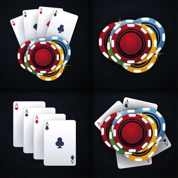 Set of Casino chips and playing card on the dark background. Vector illustration. - Vecteur, image