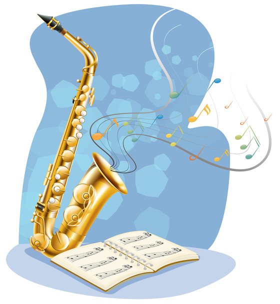 Um saxofone com um livro musical
 - Vetor, Imagem