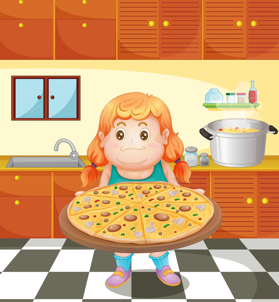 Una giovane donna grassa con una pizza
 - Vettoriali, immagini