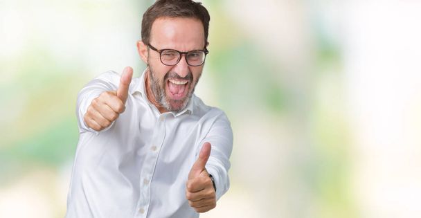 Handsome middle age elegant senior business man wearing glasses over isolated background approving doing positive gesture with hand, thumbs up smiling and happy for success. Looking at the camera, winner gesture. - Fotoğraf, Görsel