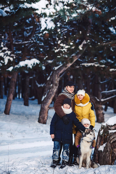 Happy european young family with big dog posing against winter pine forest - Photo, Image