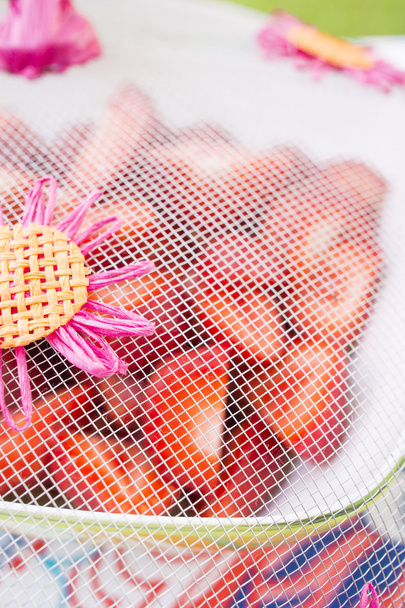 kom van verse aardbeien op zomerpicknick - Foto, afbeelding