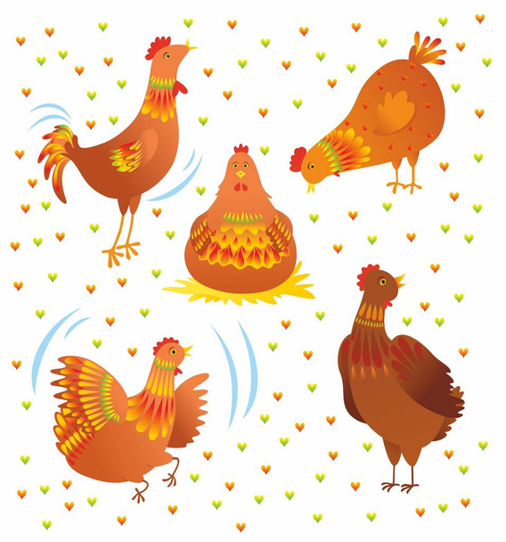pięciu kura i kurczaka ilustratorzy - Wektor, obraz