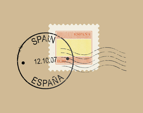 Postal stamp symbols ''Spain''. Spanish flag; engraved effect. English and spanish quote. - Vector, Image