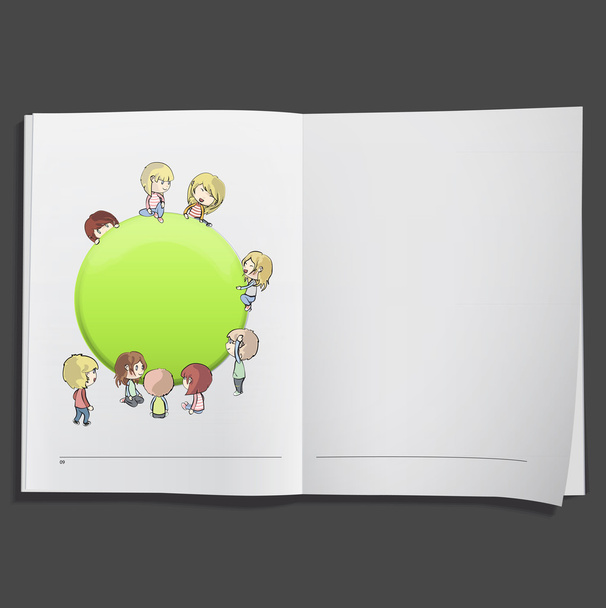 Kids with green web button printed on white book, Vector design. - Vector, Image