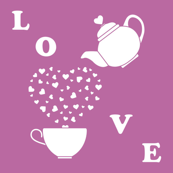 Vector illustration with kettle, cup of tea, hearts. Happy Valentine's Day. Design for party card, banner, poster or print. - Vektor, kép