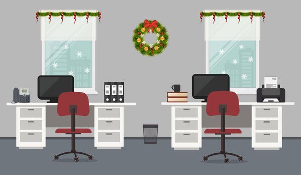 Ofis Oda, Noel dekorasyonu ile dekore edilmiştir. Beyaz masa, kırmızı sandalye, bilgisayar, yazıcı, bir telefon ve diğer nesneler üzerinde bir pencere arka plan resmi vardır. Vektör çizim - Vektör, Görsel