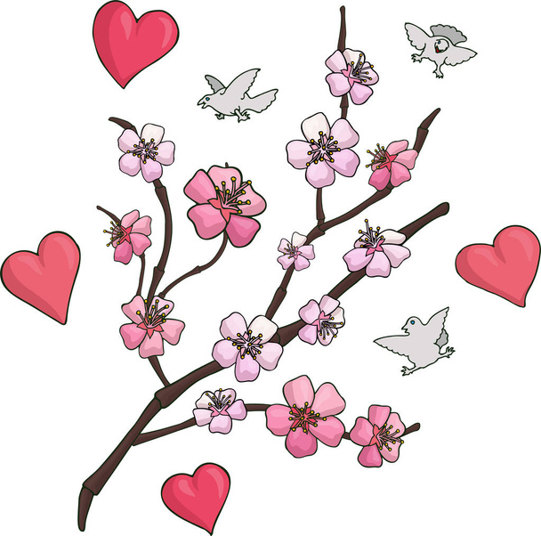 Instellen met roze sakura tak vogels en harten - Vector, afbeelding
