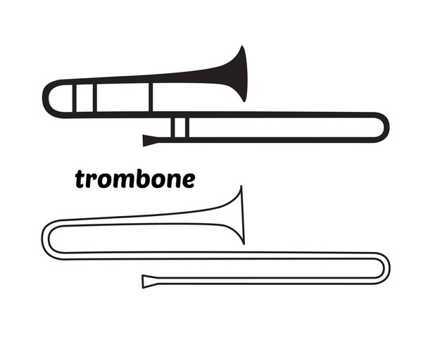 Desenho de linha contínua do ícone linear Trombone. Ilustração vetorial de linha fina. Forma de silhueta de trompete. Símbolo de contorno isolado no fundo branco
. - Vetor, Imagem