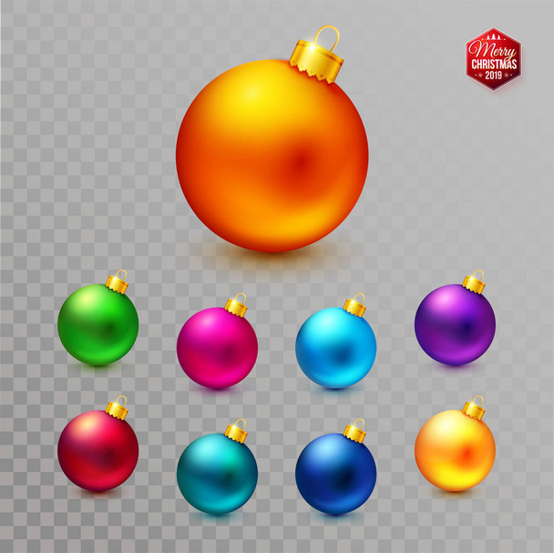 Bright and shiny realistic Christmas balls on transparent background. - Wektor, obraz