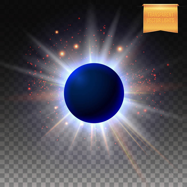 Total eclipse on transparent background. With sparkling star lights and radiant, shiny flare. - Вектор,изображение