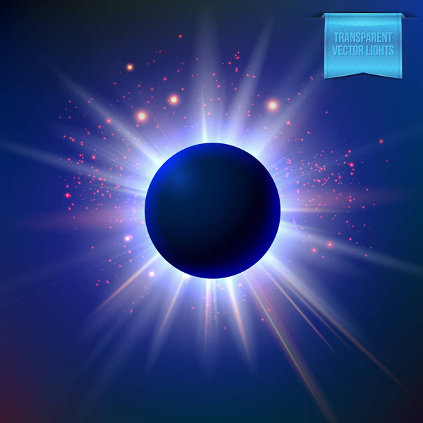 Total eclipse with sparkling star lights and radiant, glowing flare around. Deep blue space background. - Vetor, Imagem