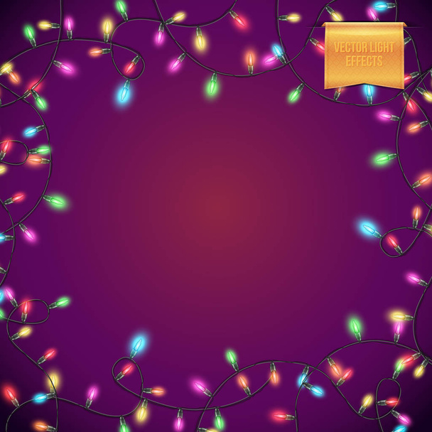 Square purple background with red, green, blue, pink and yellow holiday electrical lights. - Вектор,изображение