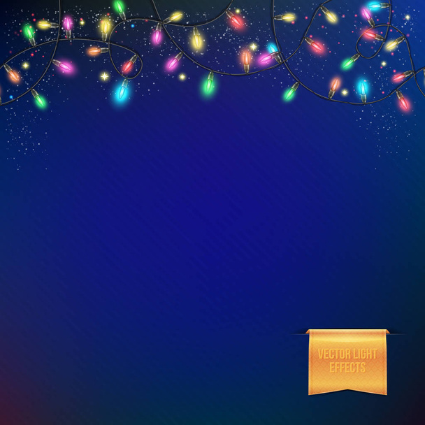 Sparkling colored festive garland on dark blue background. - Διάνυσμα, εικόνα