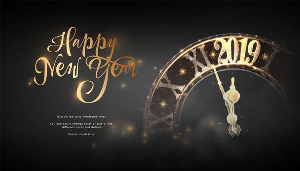 Happy New Year 2019. lock in style Low poly wireframe art on blackbackground. Concept for holiday or magic or miracle. Effect Starry sky. Polygonal illustration with connected dots and lines.Vector - Vector, Image