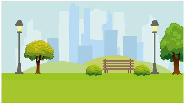 Городской парк, огни, деревья, скамейка. Зеленый горизонтальный фон. Плоская векторная иллюстрация
 - Вектор,изображение