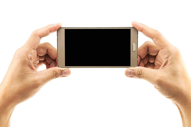 Isolated male hands holding and pushing home button of white blank screen smart mobile phone. - Foto, Bild