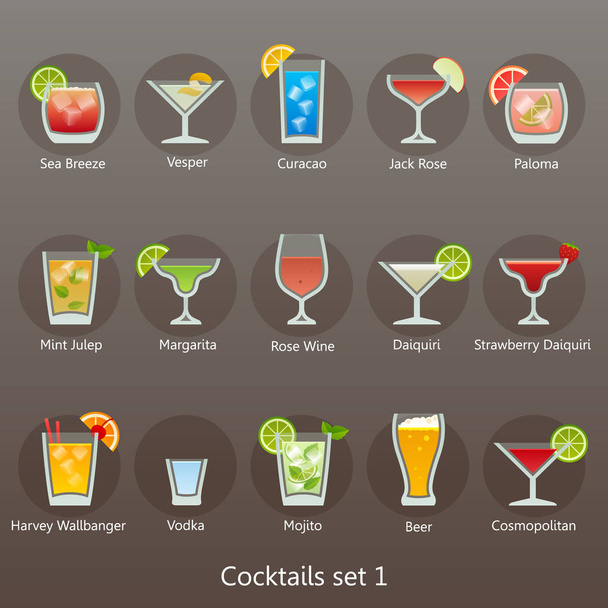tropische cocktails ingesteld op grijze achtergrond - Vector, afbeelding
