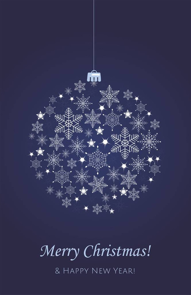 Tarjeta de felicitación navideña. Bola azul decorativa con copos de nieve
. - Vector, imagen