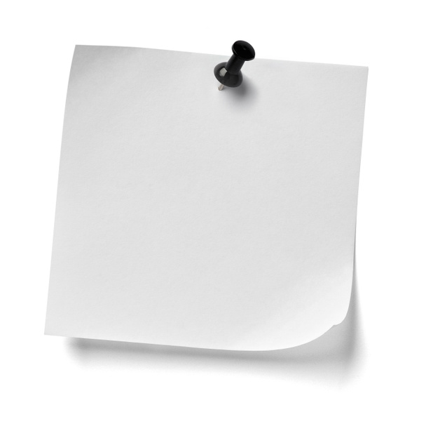primer plano de un papel de nota con un alfiler rojo sobre fondo blanco - Foto, Imagen