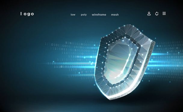 Shield.Polygonal ワイヤ フレームのメッシュ。サイバー セキュリティ概念、保護。デジタル データの背景にシールドします。サイバー データのセキュリティや情報プライバシーの考えを示しています。抽象的なこんにちは速度インターネット技術 - ベクター画像