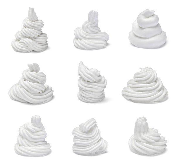 collection of  various white whipped cream on white background. each one is shot separately - Photo, Image
