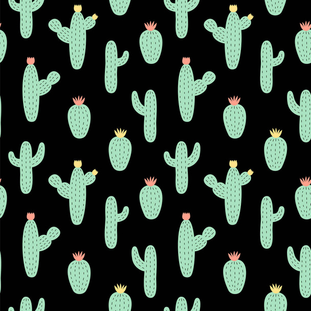 Vector seamless pattern Cactus with flowers. Hand drawn print in doodles style. Endless print for fabric, paper, scrapbook, wallpaper, background - Vektor, obrázek