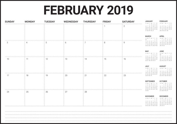 Φεβρουαρίου 2019 γραφείο ημερολόγιο διανυσματικά εικονογράφηση, απλή και καθαρή σχεδιασμός.  - Διάνυσμα, εικόνα