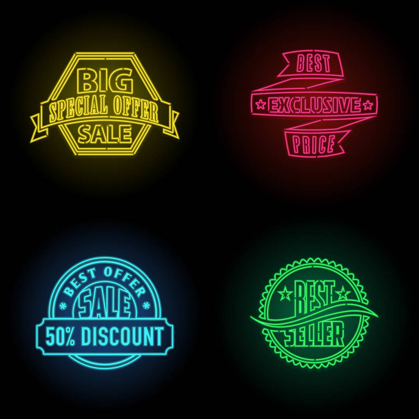 Vector neon discount sale signs set - Вектор, зображення