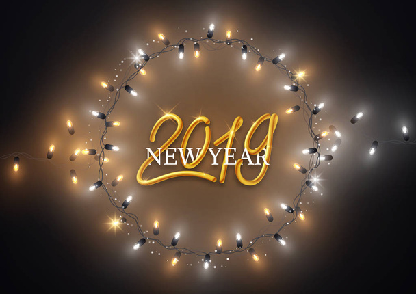 2019 new year realistic gold text, numbers and light bulbs - Vecteur, image