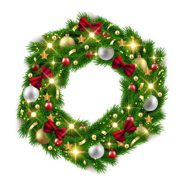 Wesołych Świąt Bożego Narodzenia i szczęśliwego nowego roku fir tree wieniec z dekoracje - Wektor, obraz