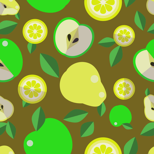 Seamless background featuring apples, pears and lemons and oranges. - Vetor, Imagem