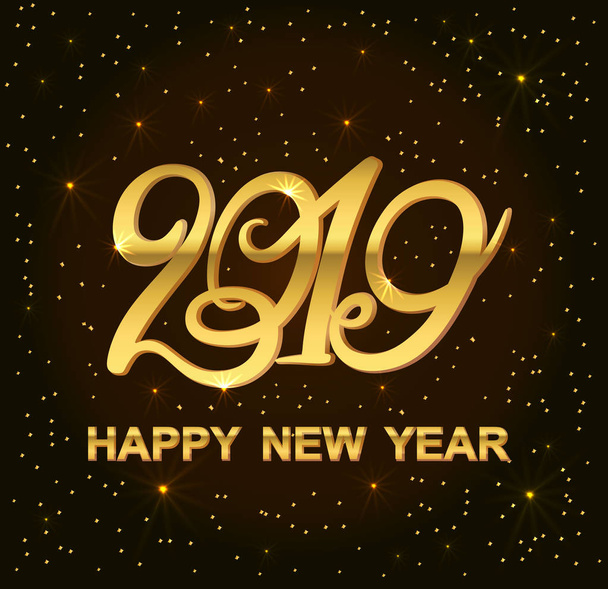 Nový rok 2019 blahopřání s nápisy gold textury a hvězdy. Zlaté textury efekt vektor nápis na bannery nebo poukaz na tmavě hnědým pozadím. Kaligrafické ručně tažené písmo. Kompozice písma - Vektor, obrázek