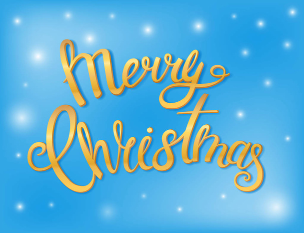 Merry Christmas greeting card with gold lettering lights and shadow. Golden texture effect vector lettering for banners or card on a blue background. Calligraphic hand drawn font. Font composition - Vector, Image