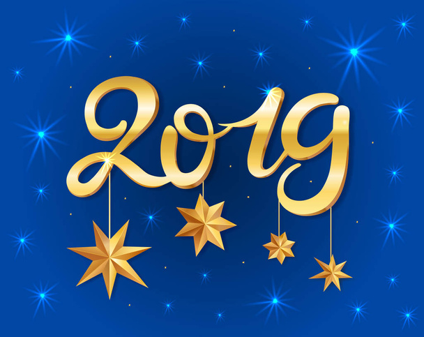 Yeni yıl 2019 altın doku birim yazı ve yıldız tebrik kartı. Altın doku afiş için yazı vektör etkisi ya da koyu mavi bir arka plan üzerinde kart. Kaligrafi el çizilmiş yazı tipi. Yazı tipi kompozisyon - Vektör, Görsel