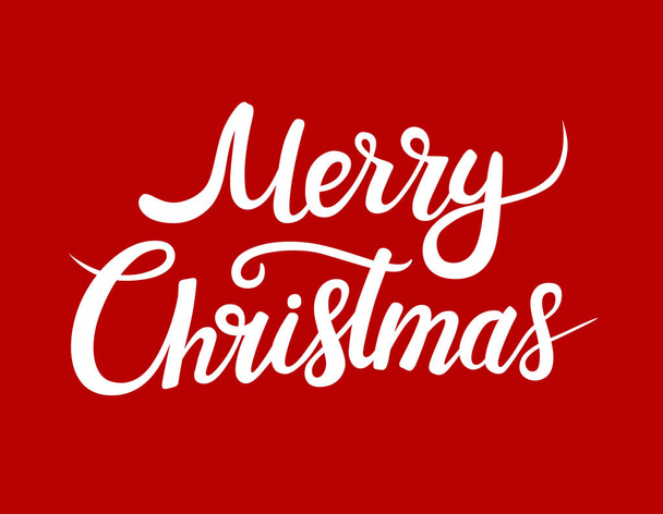 Merry Christmas greeting card with white lettering.  Vector lettering for banners or card on a red background. Calligraphic hand drawn font. Font composition - Vector, Image